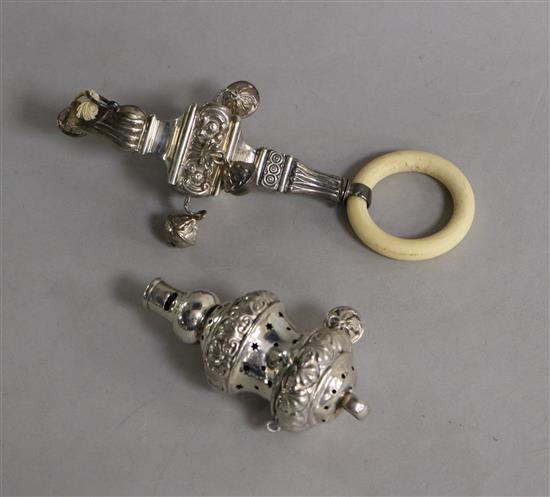 Two Edwardian silver childs rattles (a.f.).